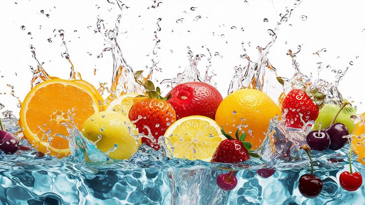Früchte, die mit Spritzen ins Wasser fallen