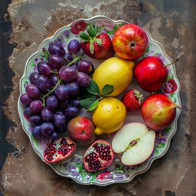 Früchte lila Trauben Erdbeeren Äpfel Zitronen Granatapfel Lichees jeweils auf einem Teller Fotografie Top View Mixer