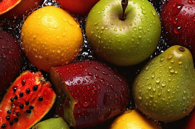 Früchte mit Wassertropfen in Nahaufnahme Frische Früchte Hintergrund