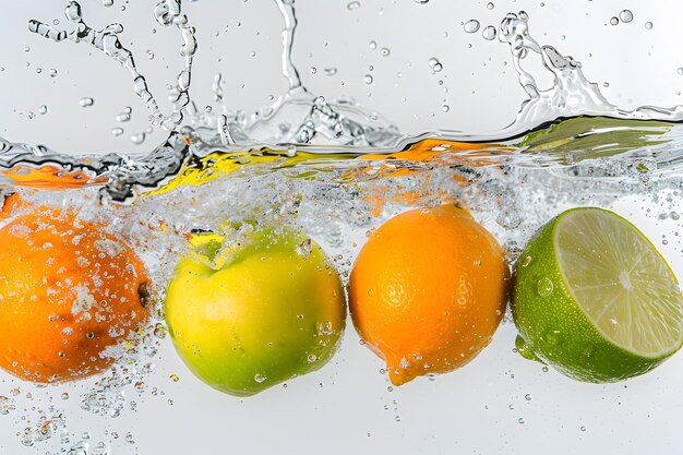 Früchte spritzen in Wasser auf einem weißen Hintergrund Orange Apfel Zitrone