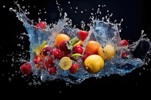 Früchte spritzen in Wasser auf schwarzem Hintergrund Gesundes Lebensmittelkonzept