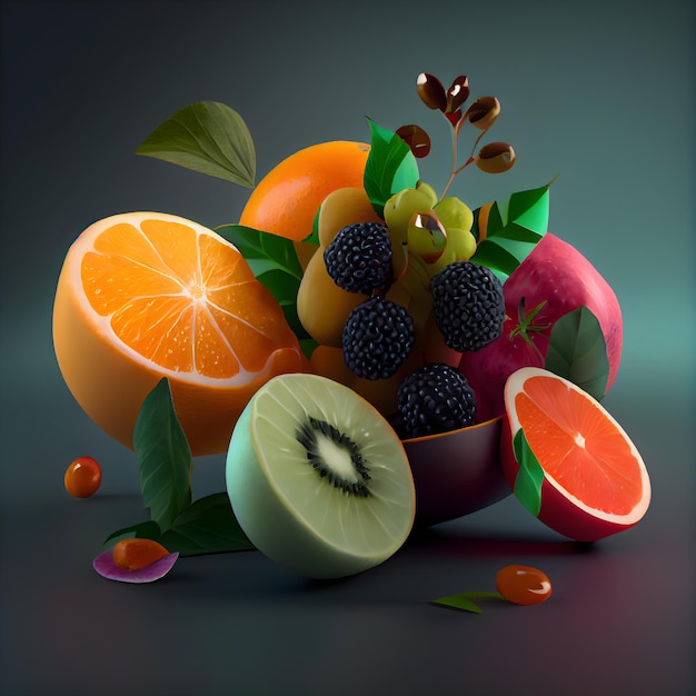 Früchte und Beeren auf dunklem Hintergrund, 3D-Illustration