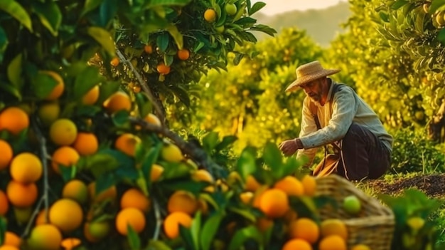 Früchte von Orangenbäumen auf einem Feld ernten, KI erzeugen