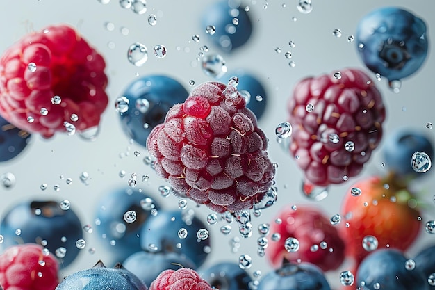 Früchte wie Himbeeren, Brötchen und Blaubeeren fallen in die Flüssigkeit