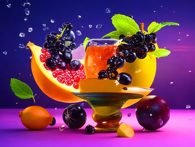Früchte zusammen in der Luft GranatapfelZitronengeleeschwarze Johannisbeere mit Blatt und Eis Mentholbild