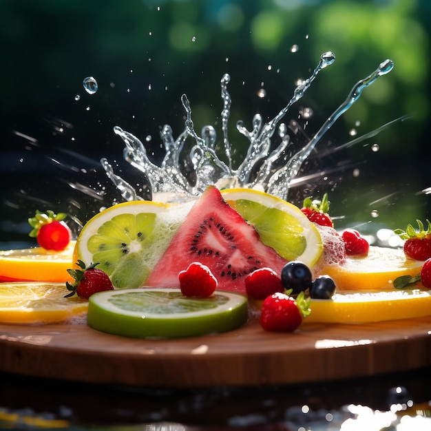 Foto früchtscheiben mit wasser auf einer holzplatte