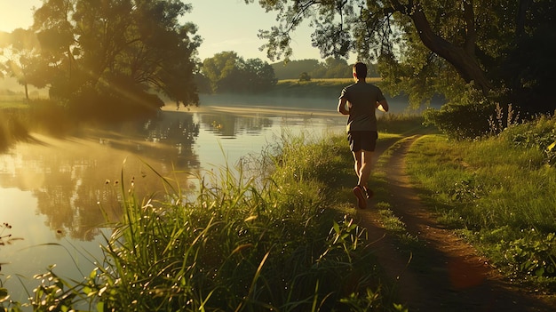 Foto früh morgens läuft man am fluss, joggt in sportkleidung am flussufer, die sonne steigt am horizont auf.