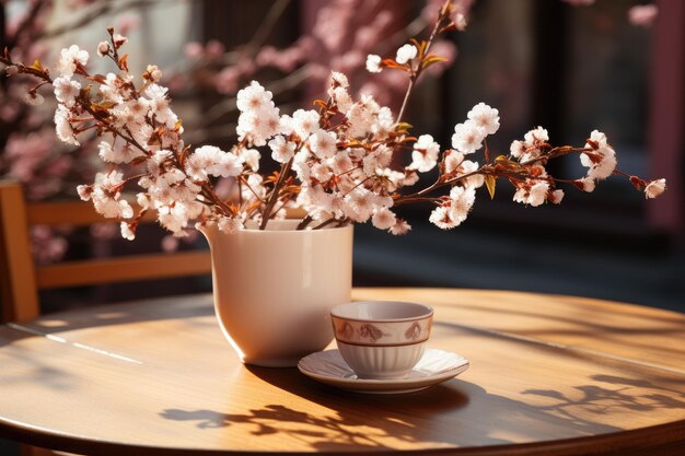 Frühes Frühling sonniges Licht in kleinem Tisch gemütlicher minimalistischer Stil professionelle Fotografie