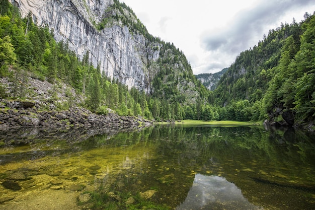 Frühherbstgebirgsseewasser, Teich. Bewölkte Waldseebäume in der Sommernaturlandschaft