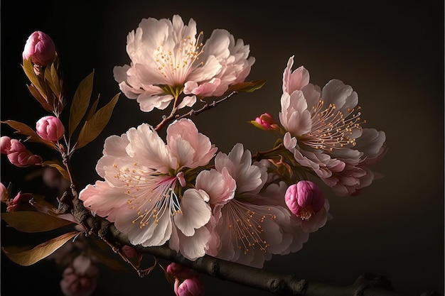 Frühling blühende Kirschbäume Sakura-Hintergrund mit Frühlingsblumen AI