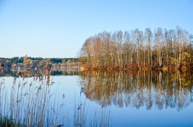 Frühling durch den Spiegel am Fluss Svisloch in Minsk.