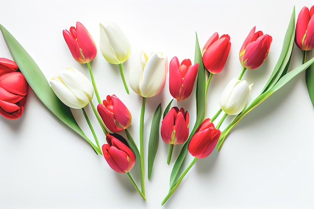 Frühling flach Rosafarbene Tulpen auf weißem Hintergrund Platz für Text Stilvolles weiches Frühlingsbild