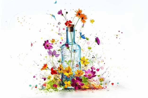 Frühling in einer Flasche explodiert, breitet sich lebendige Farben aus, Blumen sind auf weißem Hintergrund isoliert.