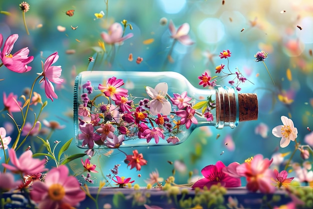 Frühling in einer Flasche explodiert und verbreitet lebendige Farben Blumen