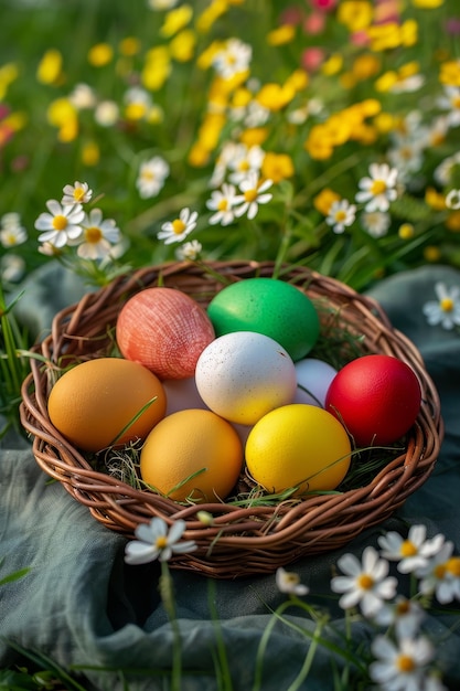 Frühling mit Stil feiern Eine festliche Sammlung lebendiger Ostereier in einem handgeflochtenen Korb