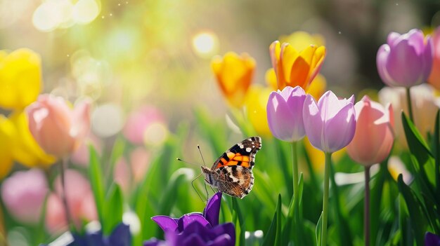 Foto frühling natur hintergrund frühling generativ ai blumen schmetterling sommer natürliche wiese wildblumen