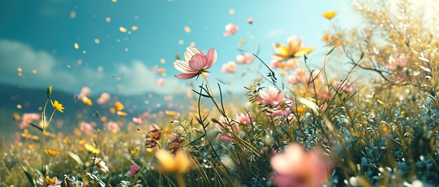 Frühling ultra breiter Hintergrund mit bunten Blumen weiches Licht für Banner Tapeten oder Webseiten