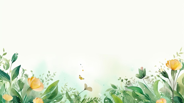 Frühlings-Blumenrand-Hintergrund in Grün mit Blättern, Aquarell-Illustration