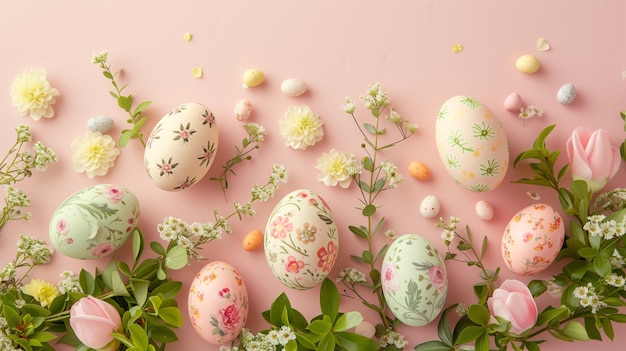 Frühlings Eleganz Blumenmuster Ostereier auf pastellfarbenem Hintergrund