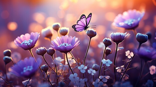 Foto frühlings-hintergrund mit farbigen blüten und fliegen-schmetterlingen schöne naturszene mit blühenden bäumen und sonnenstrahlen