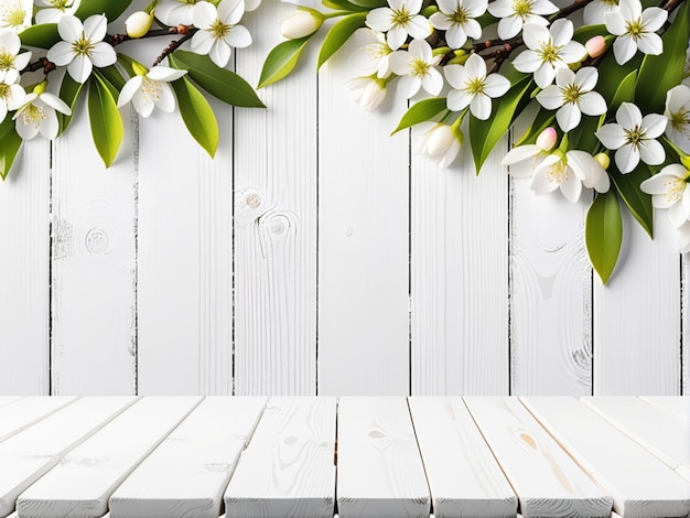 Frühlings-Hintergrund mit weißen Blüten und weißem Holzbodenboden