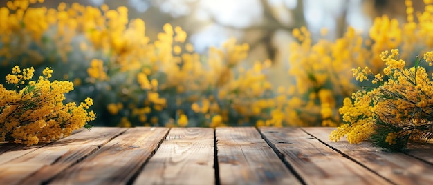 Frühlings-Mimosa-Zweige und eine neblige Blumenkulisse verpacken einen leeren Holztisch und Raum Generative KI