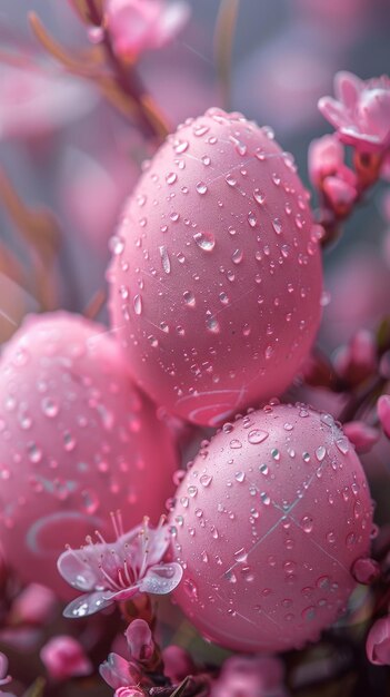 Frühlings-Morgen-Tau auf Pastell-Ostereiern und Kirschblüten