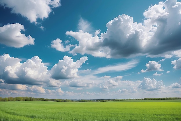 Frühlings-Panorama-Landschaft Himmel mit flauschigen Wolken über grünem Feld