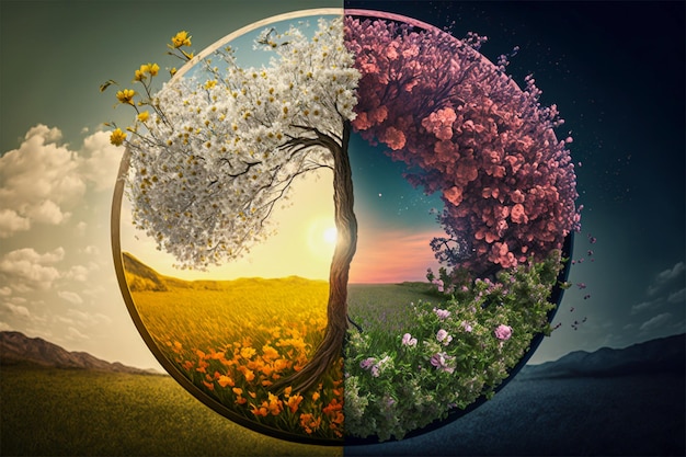 Frühlings-Tagundnachtgleiche-Illustrationsbaumfoto bei Tag und Nacht