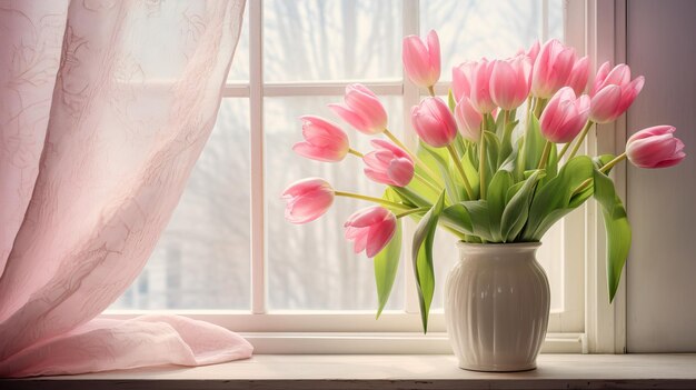 Frühlings-Tulpen-Bliss-Pink-Büchel auf dem Fensterrand