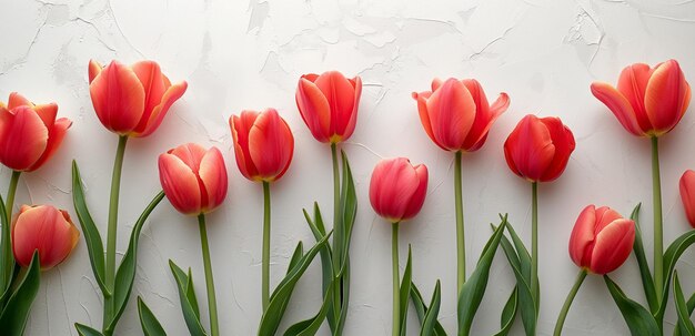 Foto frühlings-tulpenblumen im hintergrund top-view im flachen lay-stil grüße für den frauen- oder muttertag