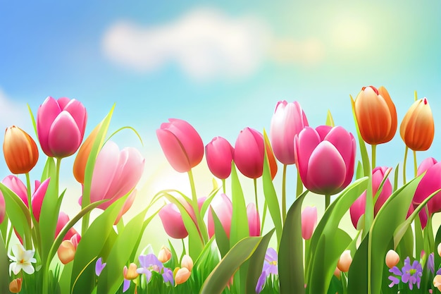 Frühlings- und Osterhintergrund mit Tulpen auf sonniger Wiese Generative Ai