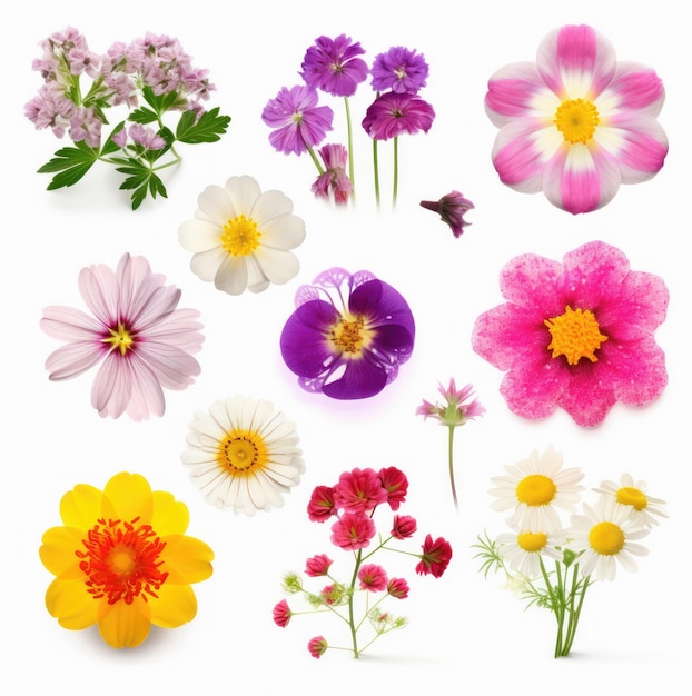Frühlings- und Sommerblumen, Nahaufnahme, Blumenkollektion, Ansicht von oben, isoliert auf weißem Hintergrund. Generative KI