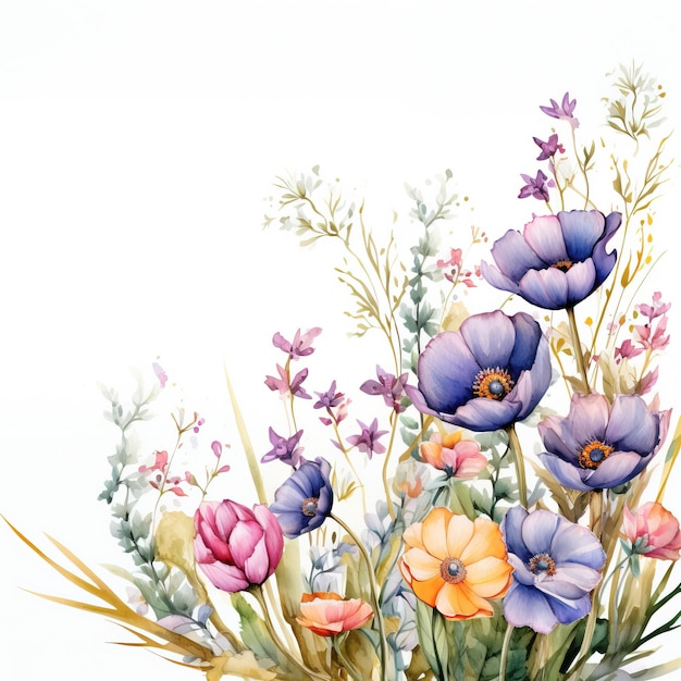 Frühlings- und Sommerhintergrund-Aquarellarrangements mit kleinen Blumen. Botanische Illustration