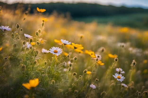 Foto frühlings-wildblumenfeld in schönen sonnenlichtblumen und gras in einer landschaft bei sonnenuntergang