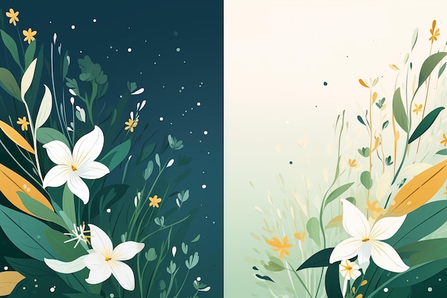 Frühlingsabstrakte Hintergründe mit Blumen, grünen Zweigen und Blättern, Kunstillustration für Kartenbanner