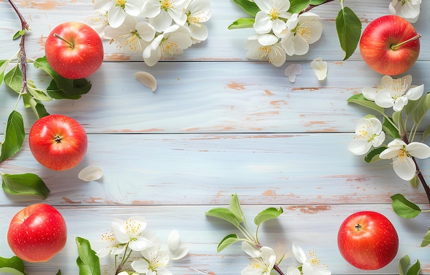 Frühlingsäpfelblüten, blühende Zweige und rote Äpfel auf einem pastellfarbenen Holztisch.