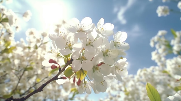 Frühlingsblühende weiße Blüten und Sonnenlicht am Himmel. Generative KI