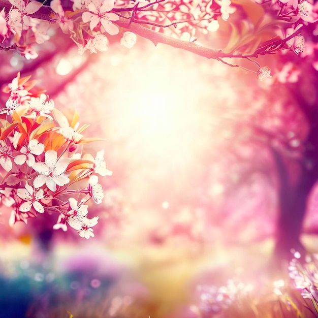 Frühlingsblüten-Hintergrund Naturszene mit blühenden Bäumen und Sonnenblüten Frühlingblumen Schöner Obstgarten