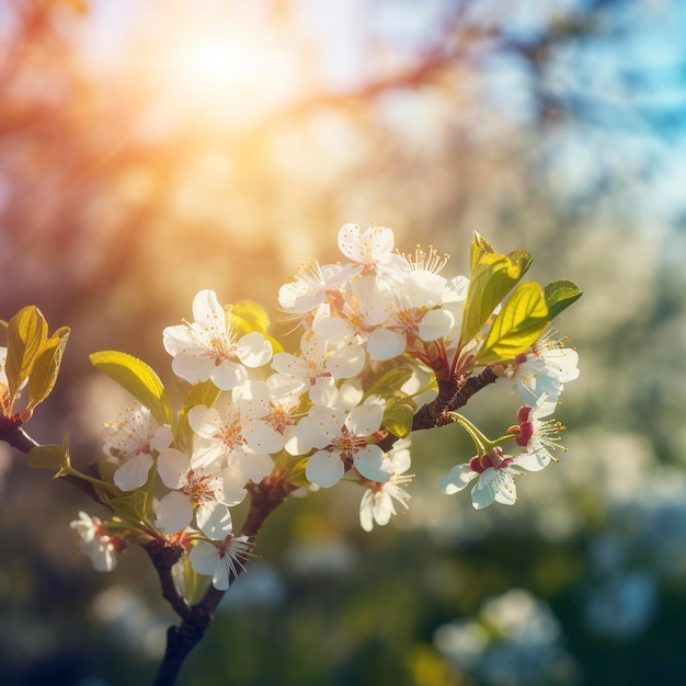 Frühlingsblüten-Hintergrund Naturszene mit blühenden Bäumen und Sonnenblüten Frühlingblumen Schönes Obstgartenlicht blauer Hintergrund generiert ai