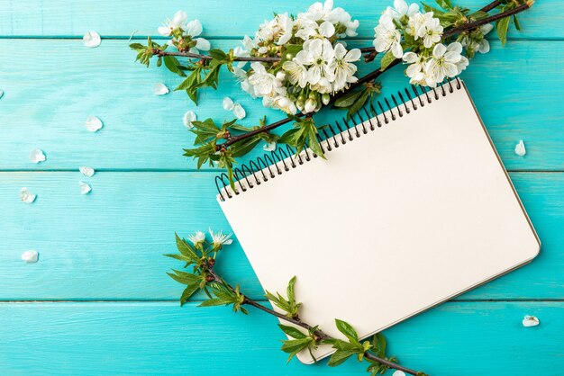 Frühlingsblüten-Kirschzweige und Notizbuch auf blauem hölzernem Hintergrund.