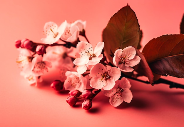 Frühlingsblüten mit Blättern auf rosa Hintergrund