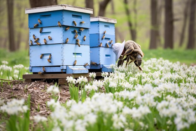 Frühlingsblüten und Bienenstock