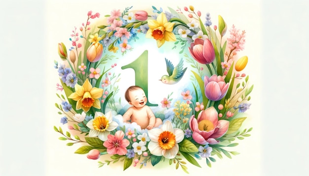 Foto frühlingsblüten witzige aquarell-illustration des ersten jahres des babys