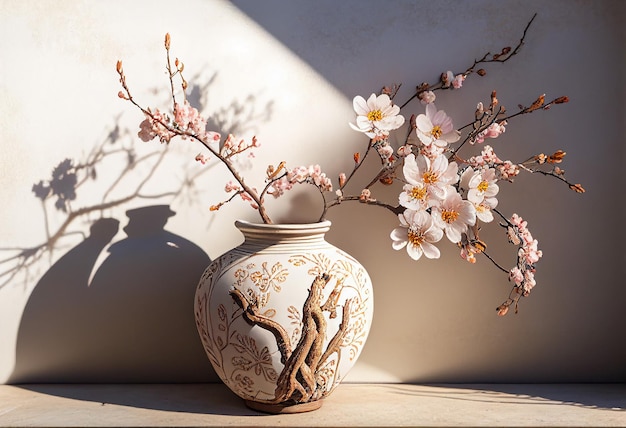 Frühlingsblütenzweig von Sakura in einer alten chinesischen Keramikvase im Hintergrund graue Betonwand Frühlingsfestliche Blüte mit weißem Land rosa Blüten Obstbaumzweige erstellt mit generativer KI