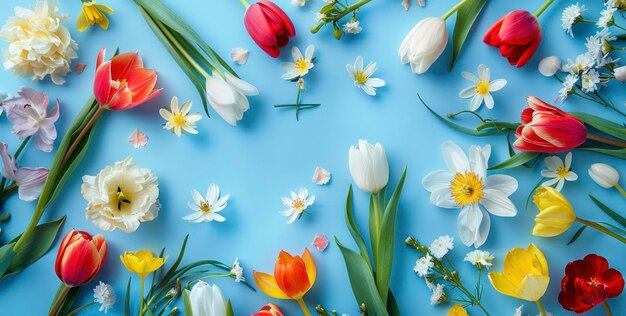 Frühlingsblumen auf einem blauen, flachen Hintergrund