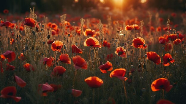 Frühlingsblumen auf einem sonnigen FeldGenerative KI