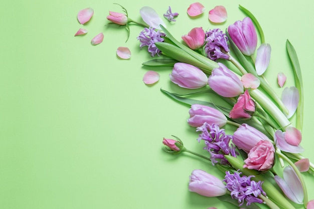 Frühlingsblumen auf grünem Papierhintergrund