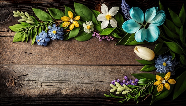 Frühlingsblumen auf hölzernem Hintergrund mit Kopienraum für Text-Frühlings-Thema