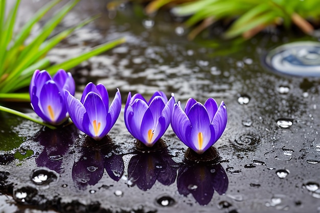 Frühlingsblumen blauer Krokusse in Wassertropfen auf dem Hintergrund von Spuren von Regentropfen